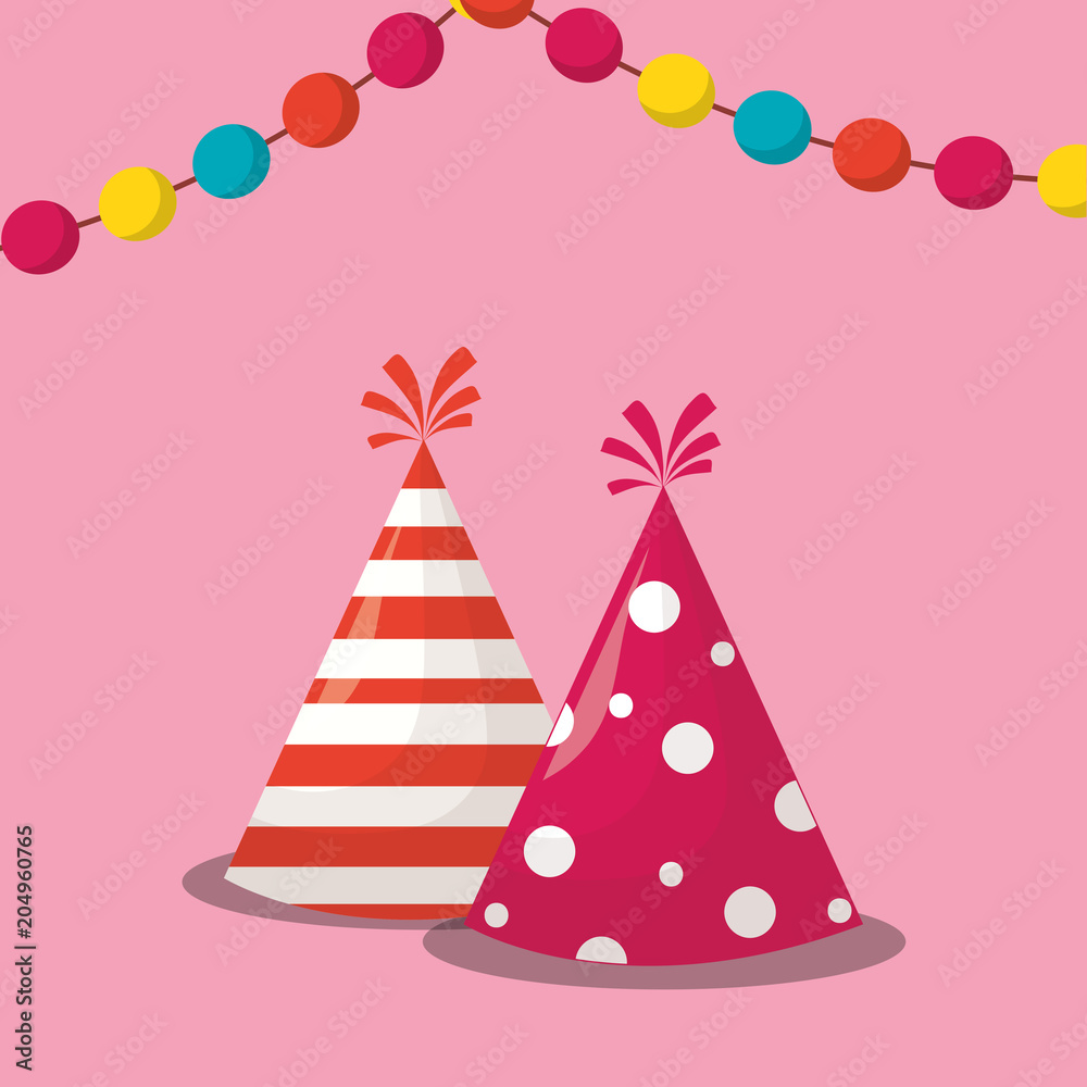decorative pennants and party hats over pink background, colorful design. vector illustration