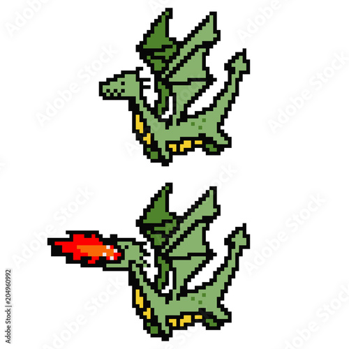 Pixel art dragon. Vector 8 bit game character isolated on white background.