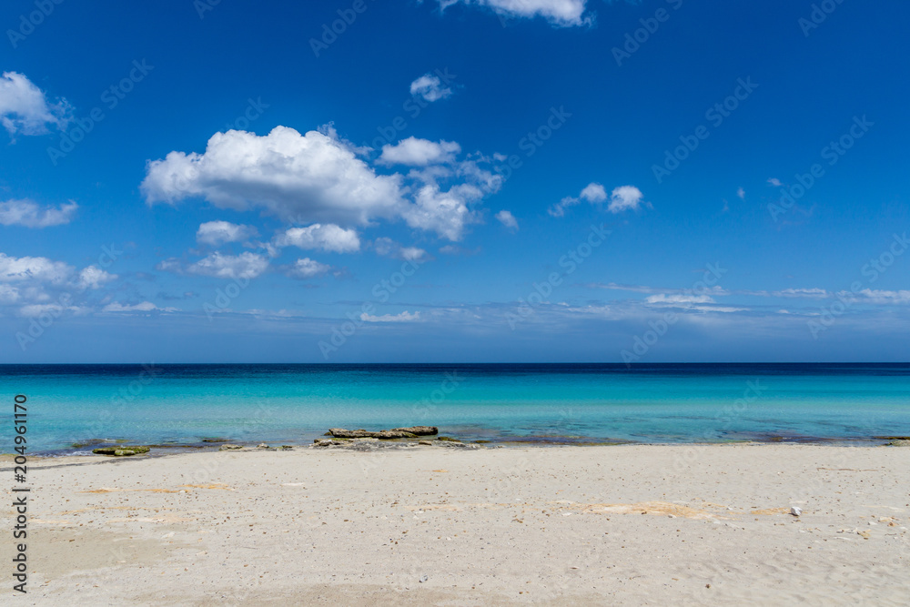 Mallorca, Holiday white sand beach on perfect island with blue sky and sun