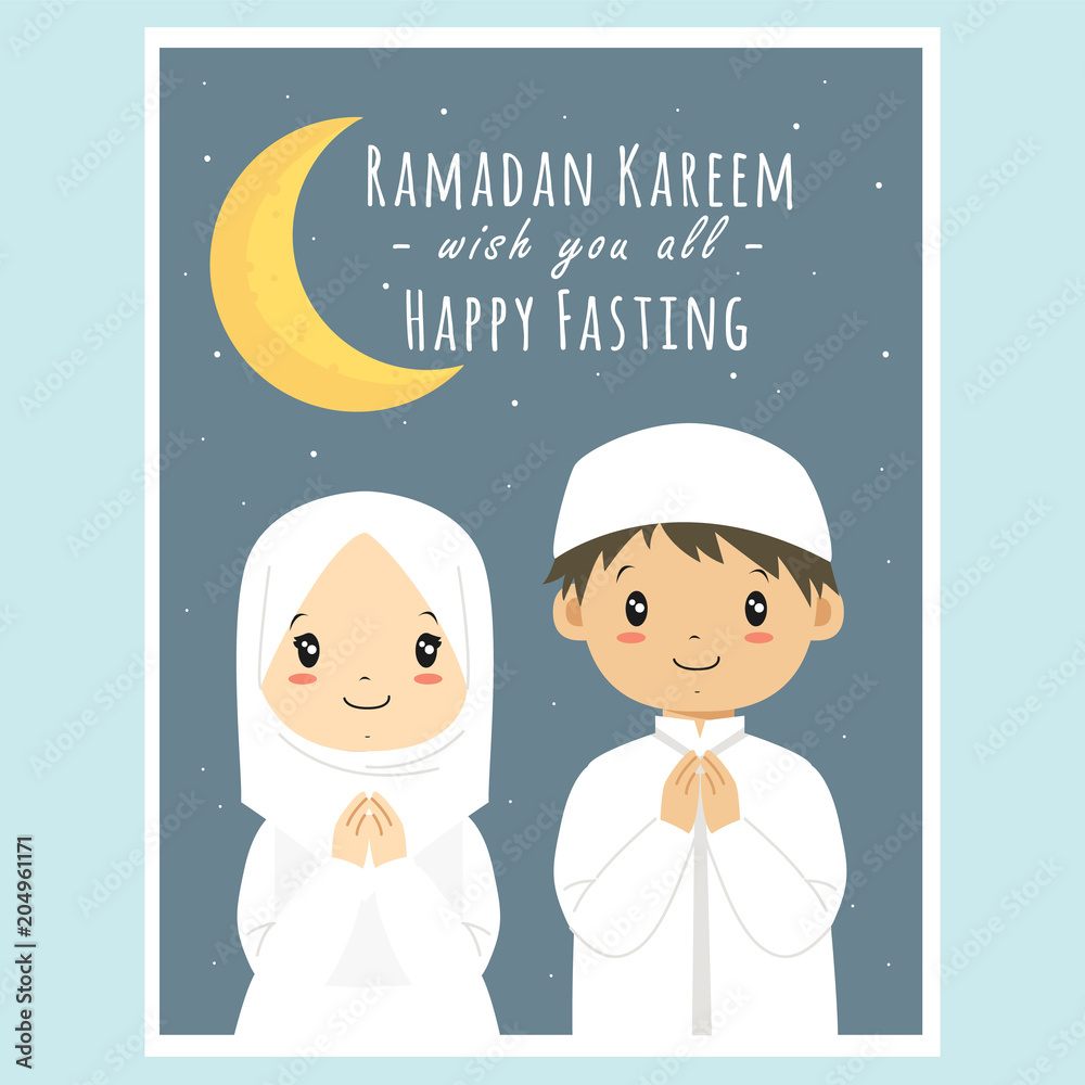 Happy Fasting, Ramadan Kareem greeting card. Printable Eid card, happy boy  and girl cartoon vector Stock Vector | Adobe Stock