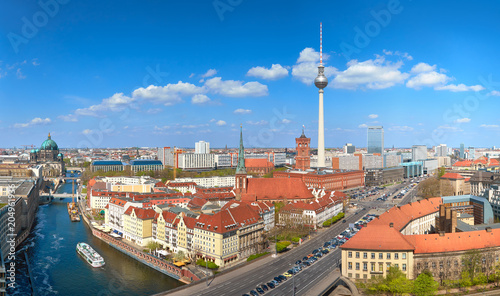 Aerial view of central Berlin on a bright day in Spring, including Alexanderplatz