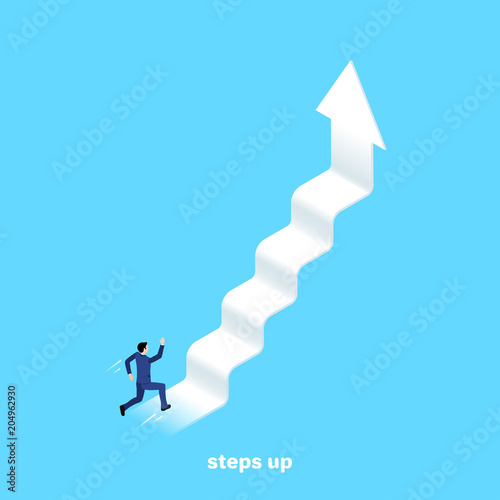 a man in a business suit runs up the arrow, an isometric image