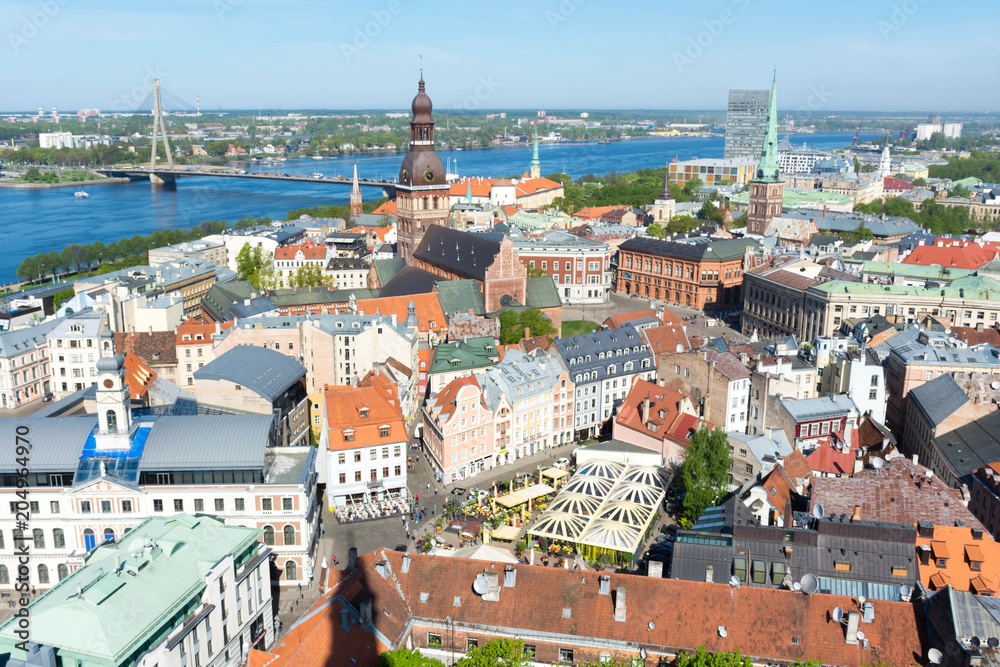 View of the old town in Riga from the bell tower of St. Peter's Church