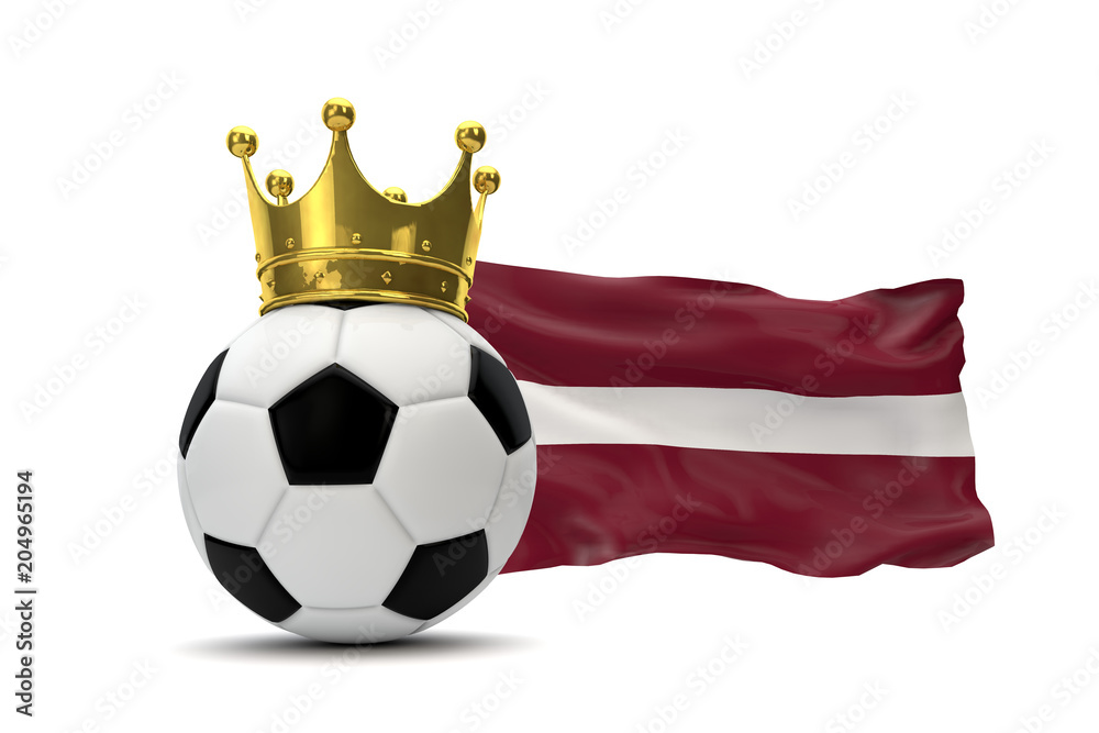 Naklejka premium Latvia flag and soccer ball with gold crown. 3D Rendering
