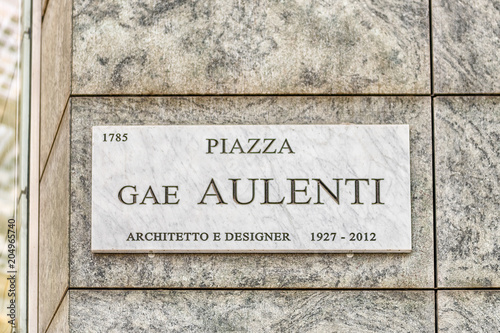 Street sign for Piazza Gae Aulenti, iconic square, Milan, Italy photo