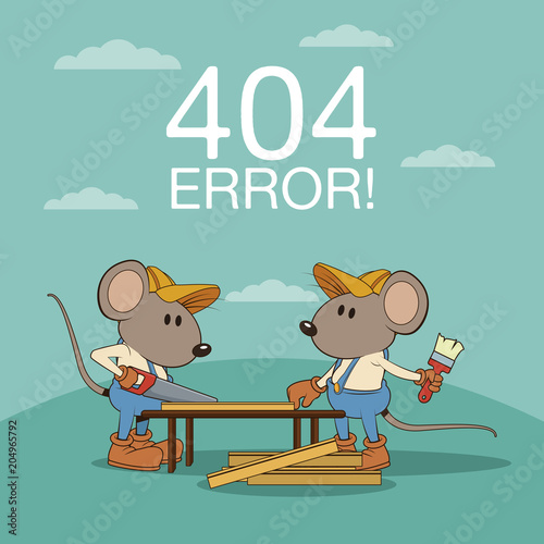 Error 404 nothing found banner with worker mouses under construction cartoons vector illustration graphic design