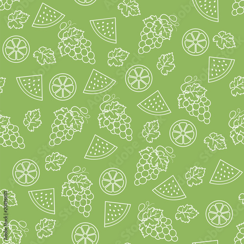Seamless fruit pattern. Lemon, grapes, watermelon, leaf. Vector illustration