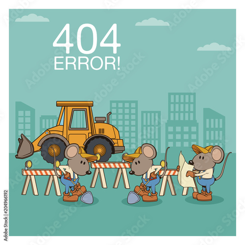 Error 404 nothing found banner with worker mouses under construction cartoons vector illustration graphic design