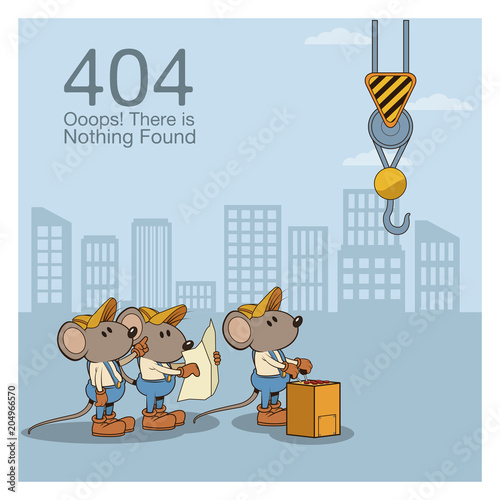 Error 404 nothing found banner with worker mouses under construction cartoons vector illustration graphic design