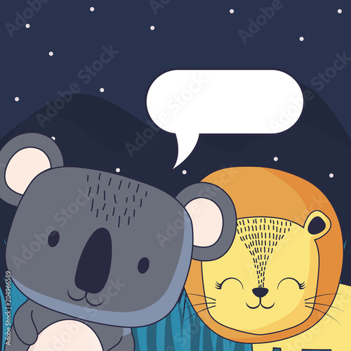 cute koala and lion with speech bubble over forest landscape background, colorful design. vector illustration