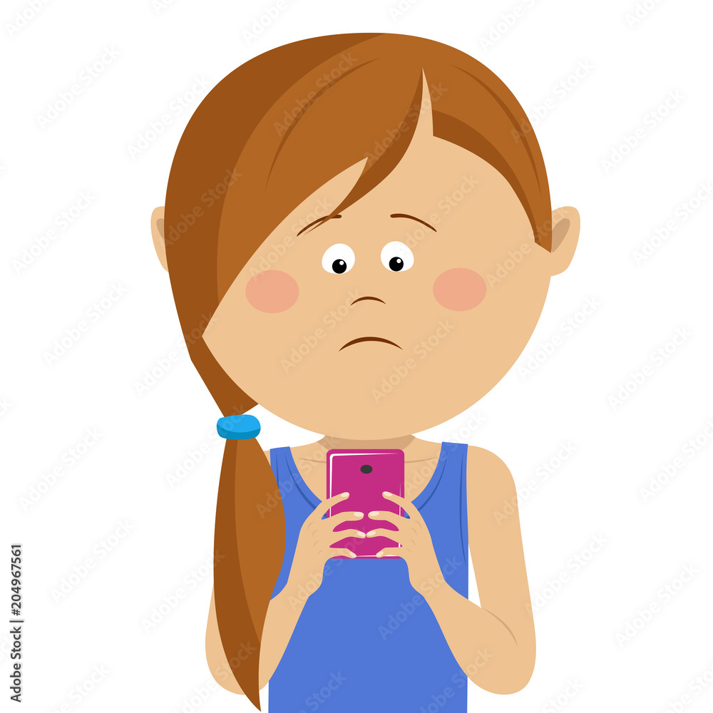Unhappy little girl has received bad news on mobile smart phone Unhappy little girl has received bad news on mobile smart phone