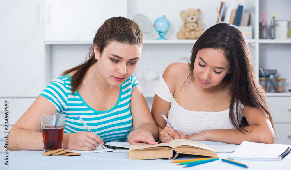 Fototapeta premium Teens girls doing homework and discussing