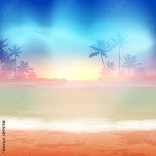 Sea sunset with palm trees. EPS10 vector.