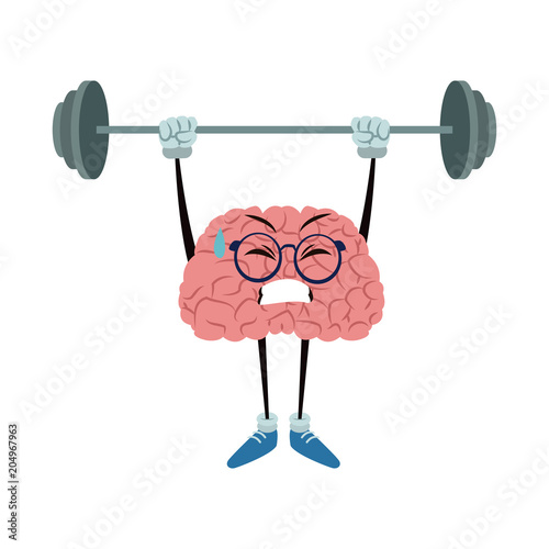 Funny brain cartoon lifting weights vector illustration graphic design