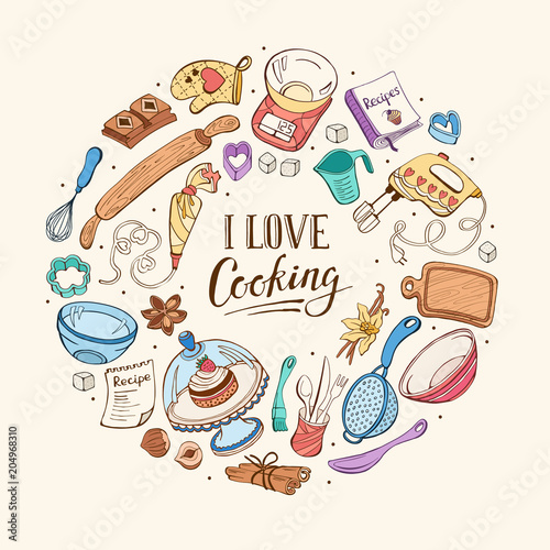 I love cooking poster.  Baking tools in circle shape. Poster with  hand drawn kitchen utensils.