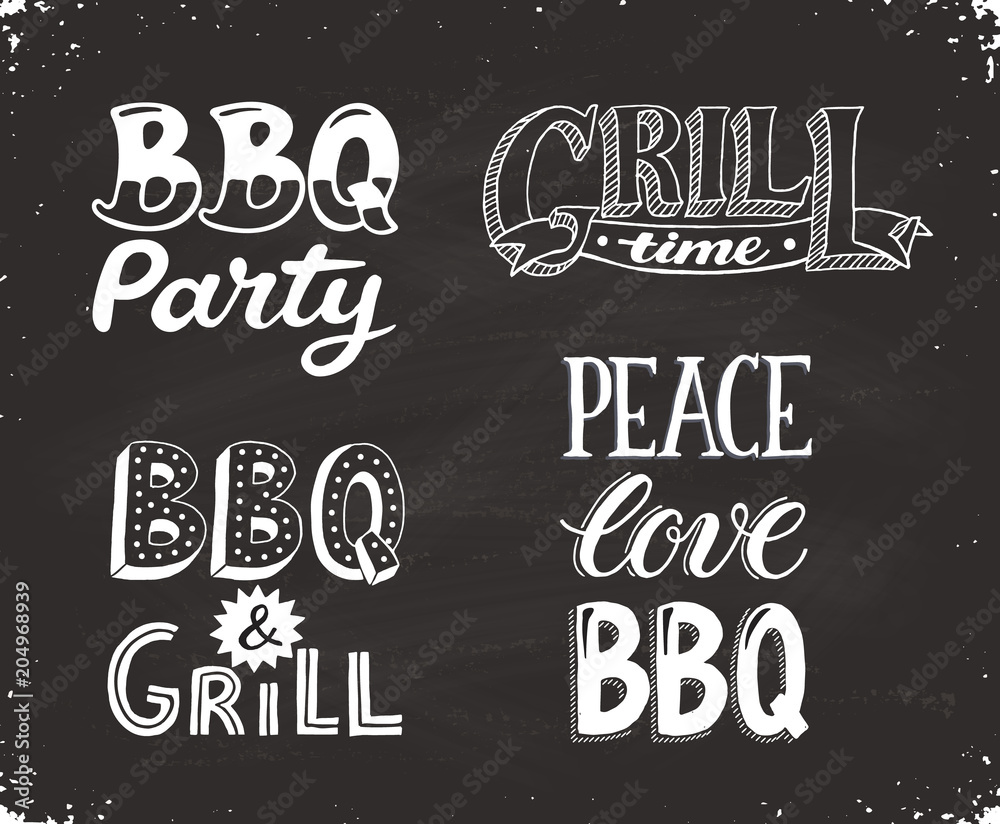 Hand drawn lettering about BBQ and grill isolated on blackboard. Vector illustration. Barbecue time decorative text for poster design. Hand drawn lettering about BBQ and grill isolated on blackboard. Vector illustration. Barbecue time decorative text for poster design.