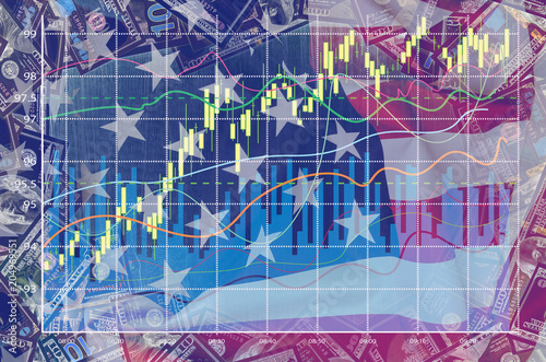 Double exposure with american flag, dollar and business graph