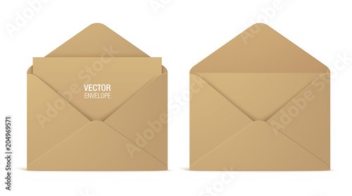 Kraft paper vector envelopes, isolated on a white background. Set of realistic brown opened envelope mockups.