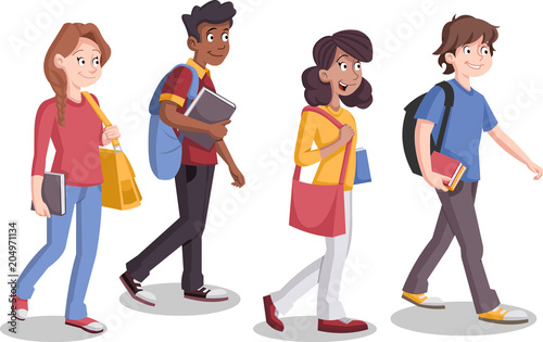 Teenagers students walking. Cartoon young people. 