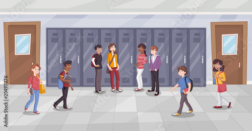 Cartoon students in school corridor. Teenagers.
