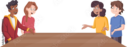 Cartoon teenagers around table. Happy young people.