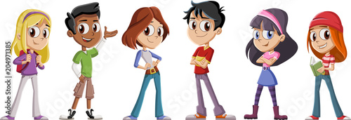 Cute cartoon children with books. Teenager students.