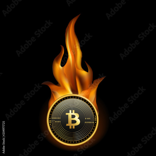 Bitcoin Cryptocurrency Coin On Fire Background