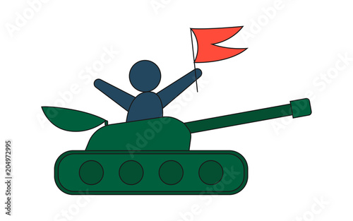 Cartoon tank in a flat style. Man with red flag.
