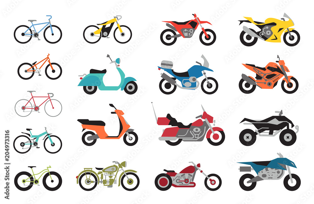 Fototapeta premium Kolekcja ikon motocykli i rowerów. Moto pojazdów symboli płaskich ilustracji wektorowych.