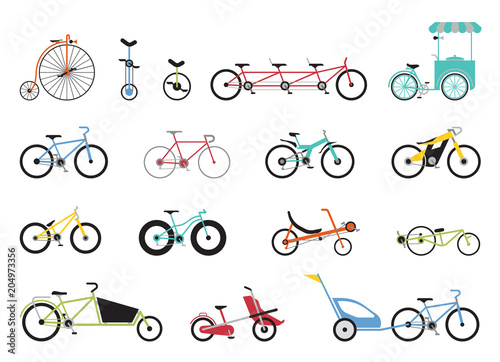 Set of flat icons representing various types of bikes. Set of icons representing various types of bikes, modern, traditional, sport, extreme.