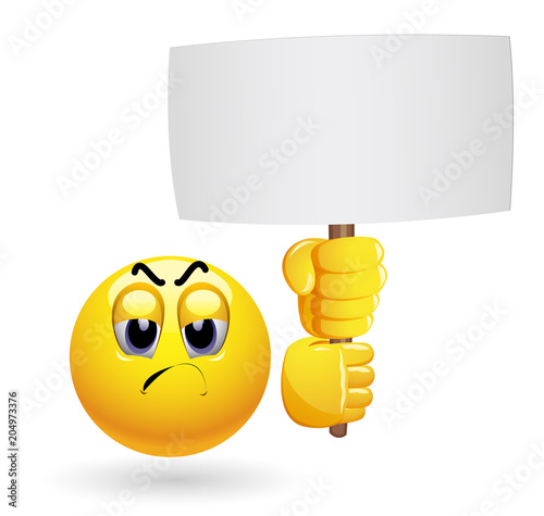 Smiley holding advertise. Smiley emoticon protesting and holding placard. Smiley at the meeting.