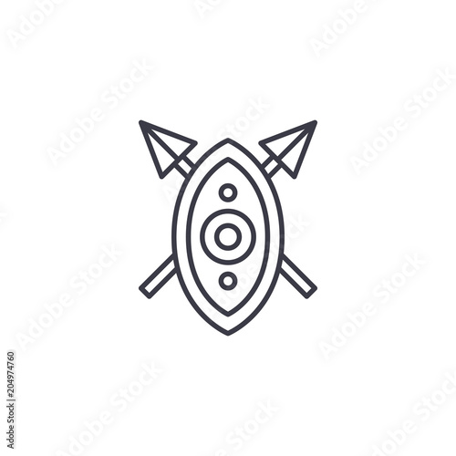 African shield spears linear icon concept. African shield spears line vector sign, symbol, illustration.