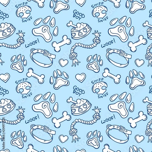 Dogs Stuff outline white icons  vector seamless pattern