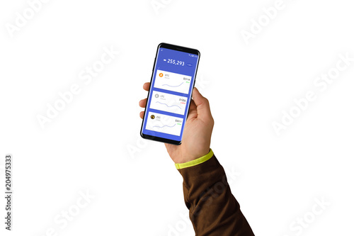 Smartphone with cryptocurrency trading app on screen in man hands. White background