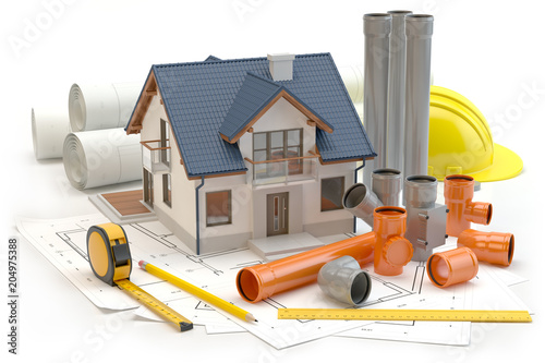 House, plans and elements for sewer system 