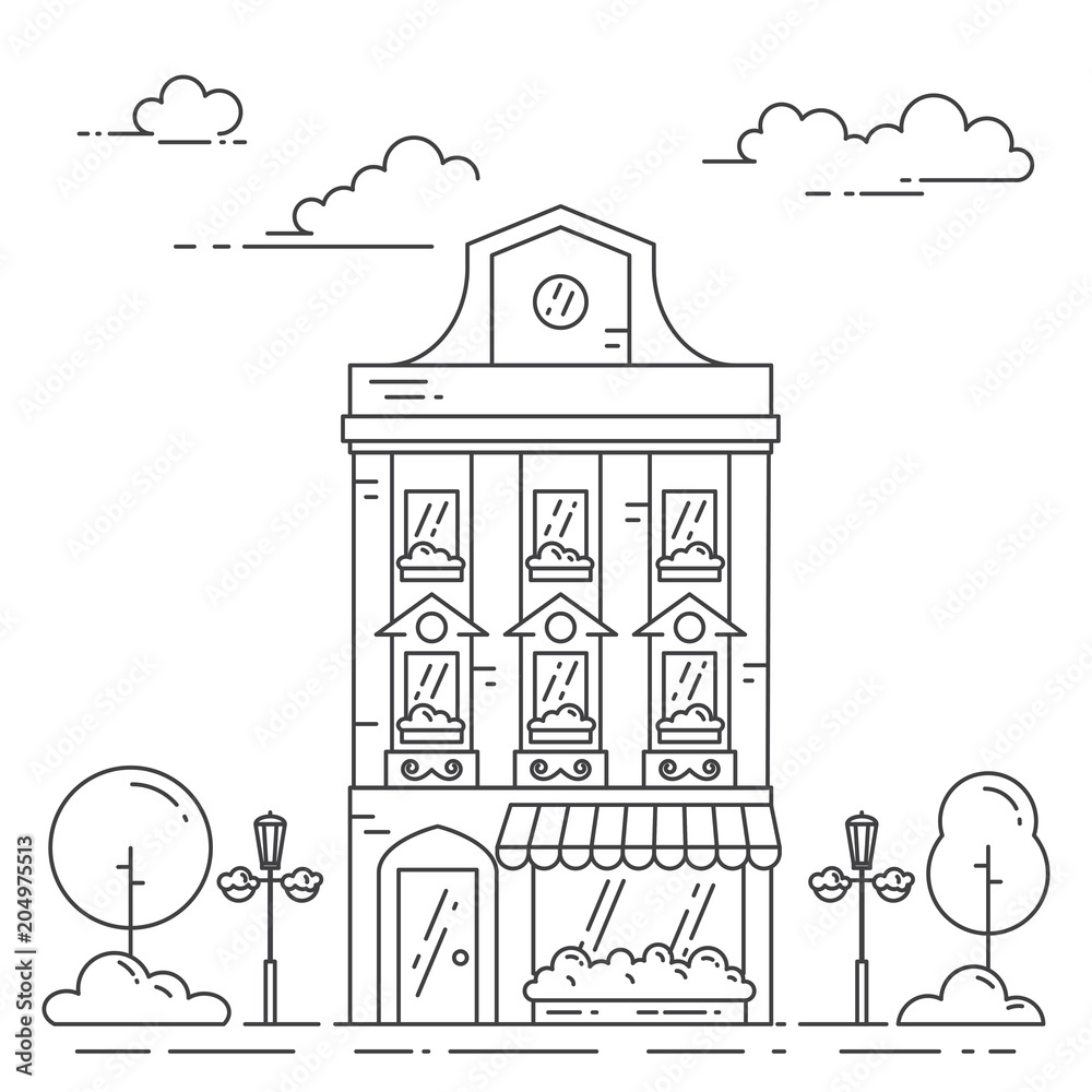 Fototapeta premium City landscape with retro house, trees and clouds in line art isolated on white background.