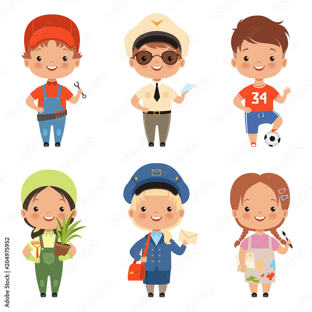 Funny cartoon children characters of various professions