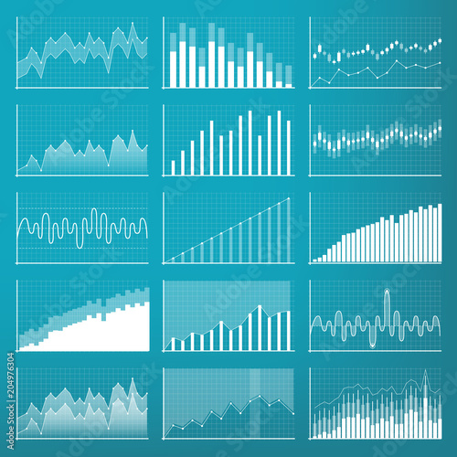 Creative vector illustration of business data financial charts. Finance diagram art design. Growing, falling market stock analysis graphics set. Concept graphic report element. Profit summary tools
