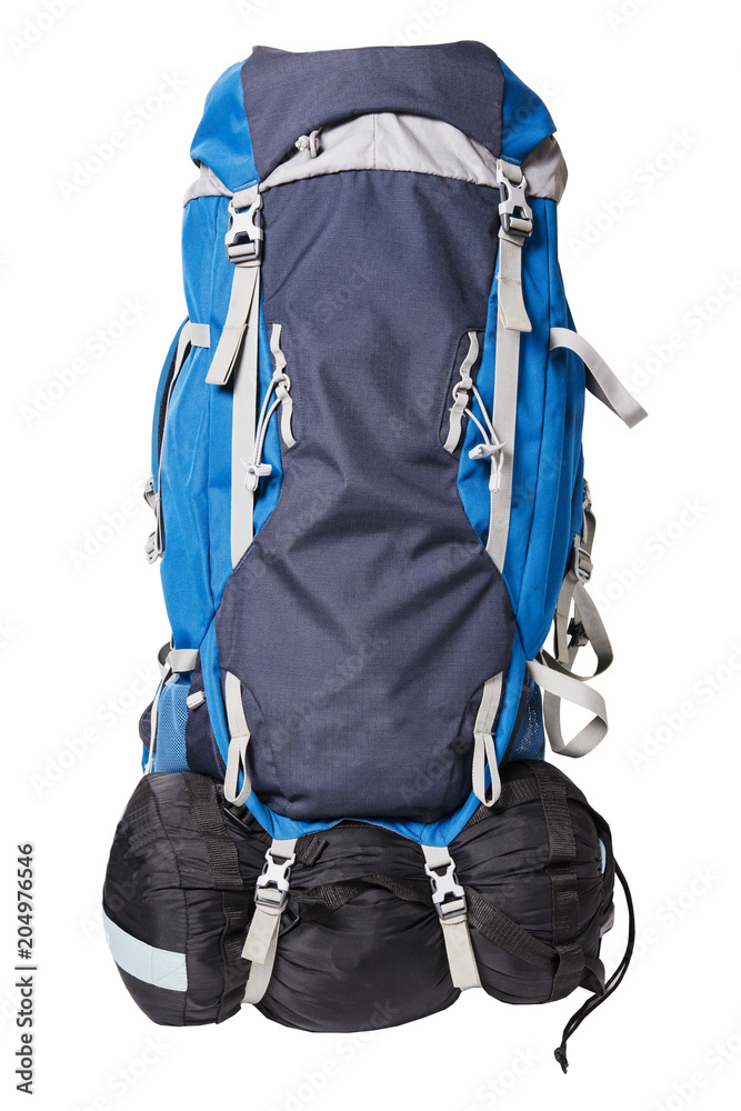 Backpack for hiking isolated on white background. front view of a professional backpack for hiking trips with sleeping bag isolated on white background.