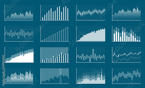 Creative vector illustration of business data financial charts. Finance diagram art design. Growing, falling market stock analysis graphics set. Concept graphic report element. Profit summary tools