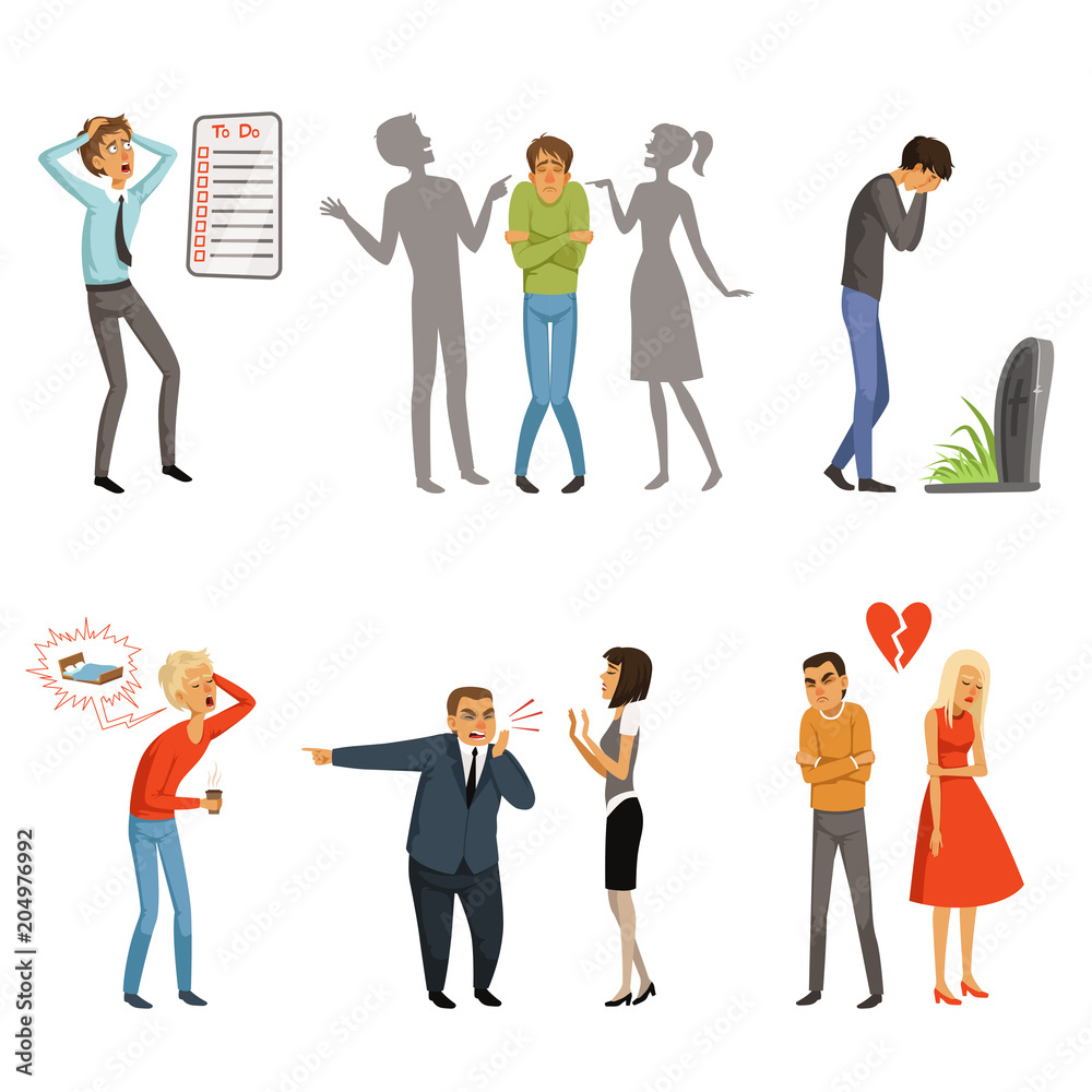 Different peoples male and female in panic scenes Different peoples male and female in panic scenes