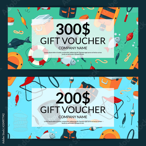 Vector discount or gift card voucher templates with cartoon fishing equipment