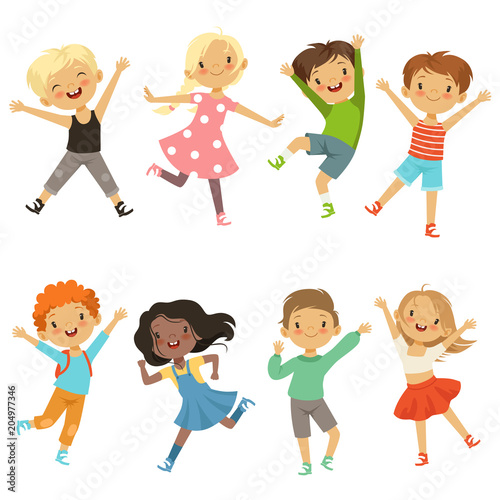 Active kids in different action poses. Vector illustrations