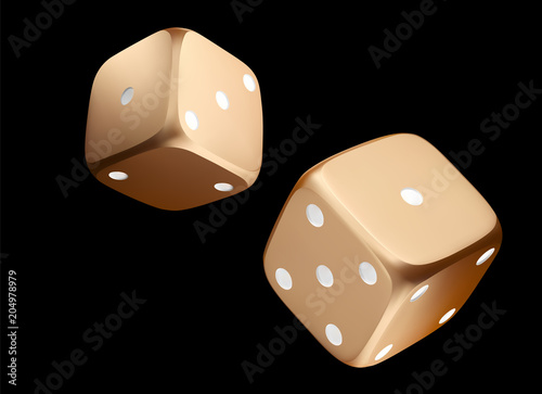 Poker dice. View of golden white dice. Casino gold dice on black background. Online casino dice gambling concept isolated on black