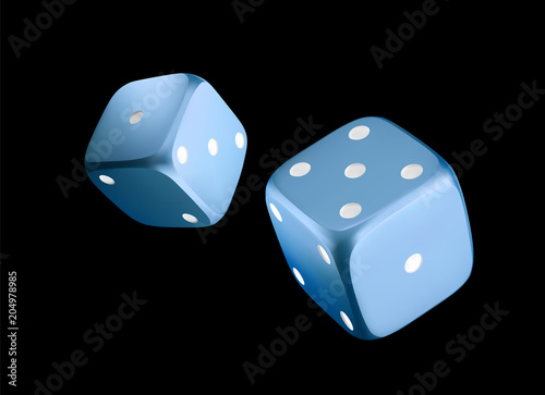 Casino blue dice on black background. Online casino poker dice gambling concept on black. 3d dice vector illustration