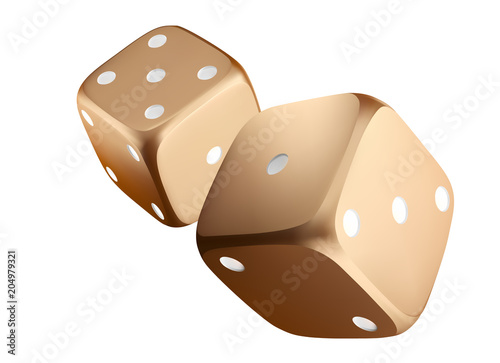 Poker dice. View of golden white dice. Casino gold dice on white background. Online casino dice gambling concept isolated on white
