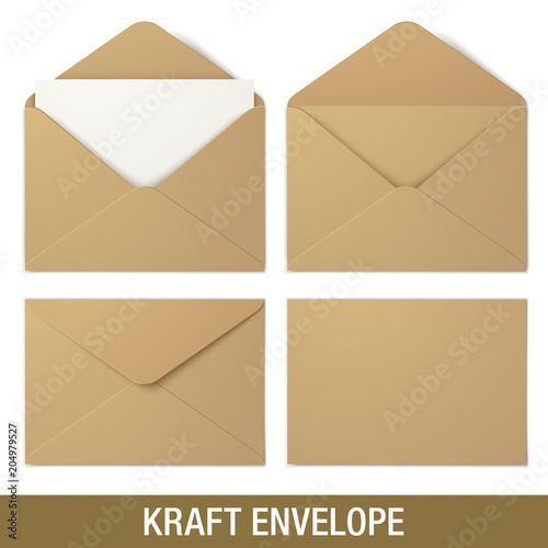 Set of kraft vector envelopes in different views, isolated on a white background. Realistic brown vector envelope mockups.