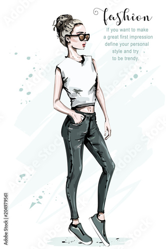 Hand drawn beautiful young woman. Fashion woman in sunglasses. Casual clothing. Stylish outfit. Sketch.