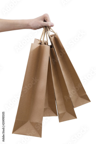 hands with shopping bags insulated in white background