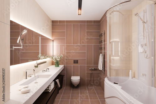 3d render interior design of a modern bathroom with a large mirror